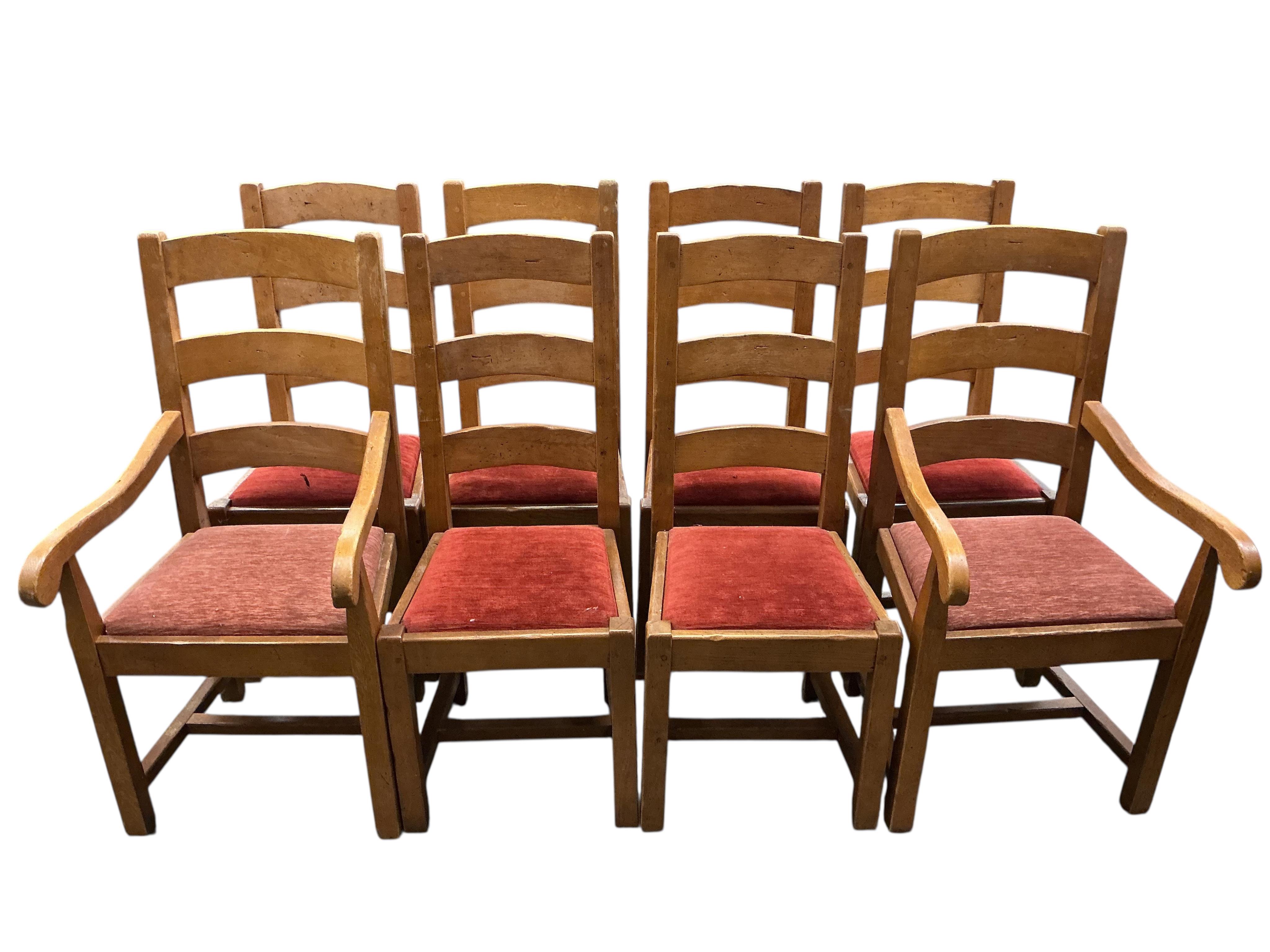 A Contemporary rectangular oak extending refectory dining table, width 320cm extended, two detachable end leaves, depth 100cm, height 76cm together with eight matching ladderback dining chairs, two with arms